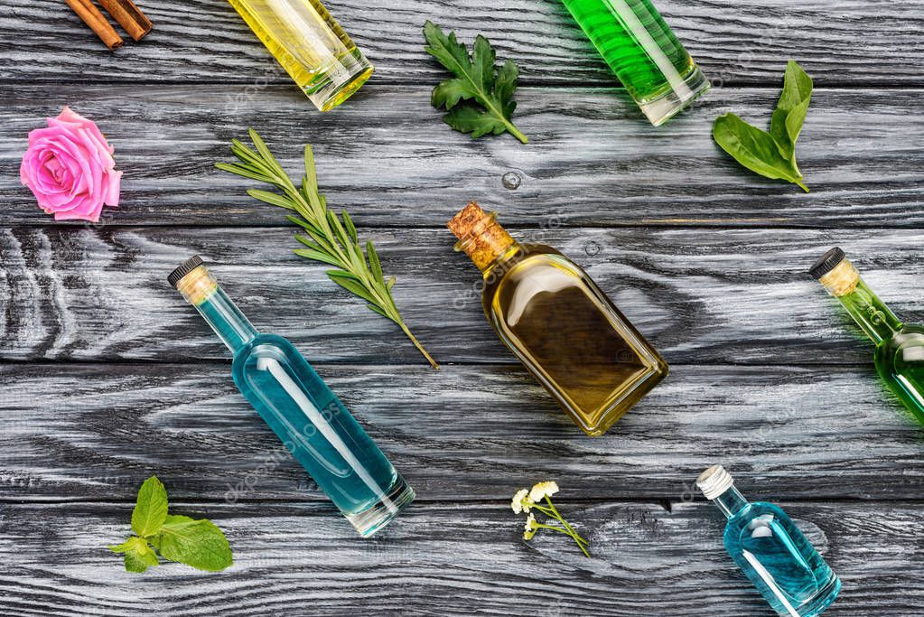 Essential oil bottles with lavender.